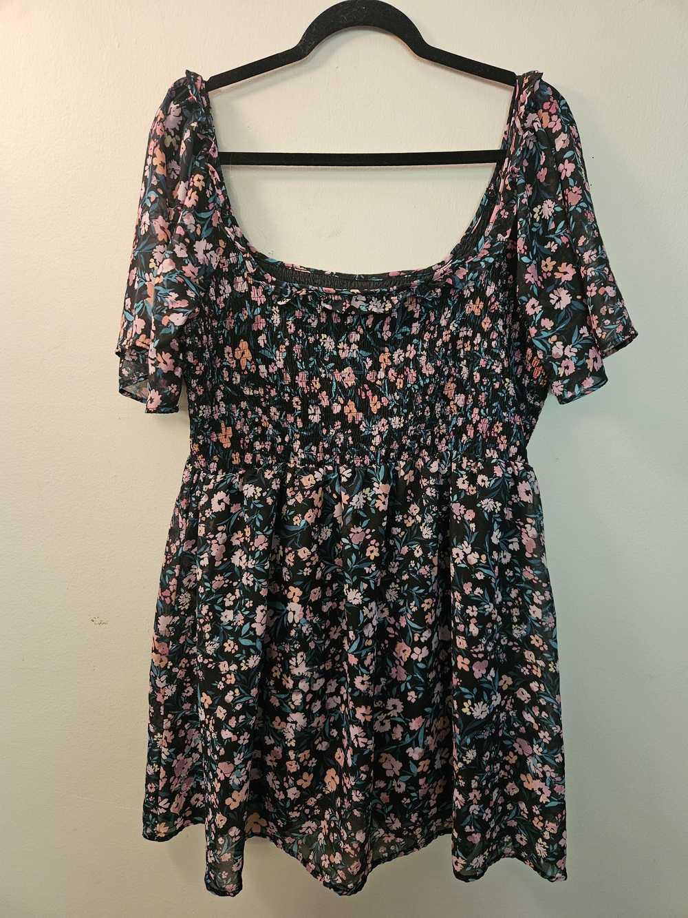 BCBG Black Floral Smocked Babydoll Dress with Pink & Teal Flowers